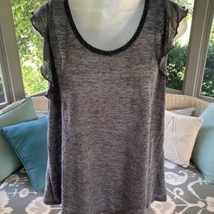 Juicy Couture grey rayon/poly flutter sleeve w/beaded scoop neck top. Super cute